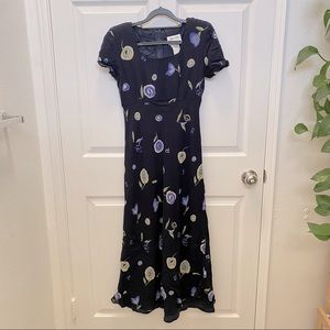 Vintage Square Neck Full Length Floral Navy Dress